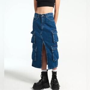 The Ragged Priest Denim Cargo Midi Skirt Womens 28 Blue Jean Edgy Chic